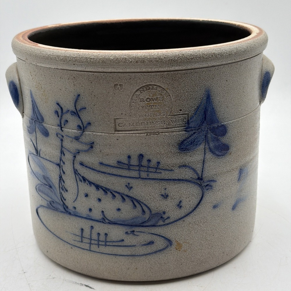 Large Vintage 1983 Rowe Pottery Salt Glazed Crock Deer Outdoor Scenery Folk Art